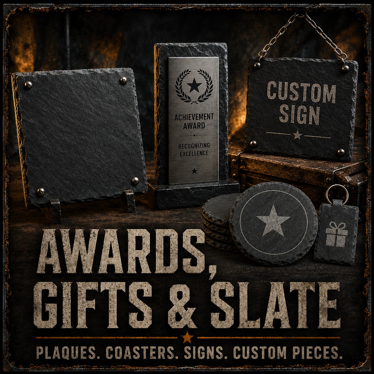 Awards, Gifts & Slate. Plaques. Coasters. Signs. Custom pieces.