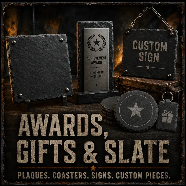Awards, Gifts & Slate. Plaques. Coasters. Signs. Custom pieces.